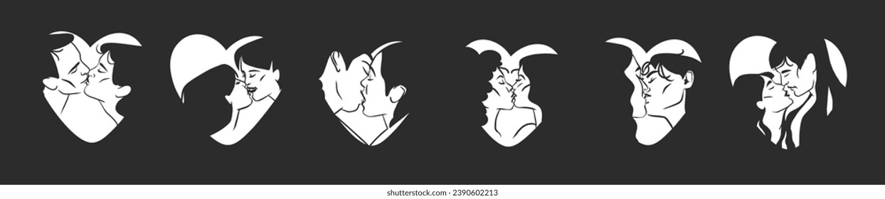 Dibujo a mano vector ilustración gráfica abstracta San Valentín diseño de día, con pareja de besos de dibujo en la silueta del corazón. Besos de pareja de amor, juntos. El día de San Valentín ama el concepto de diseño hermoso.