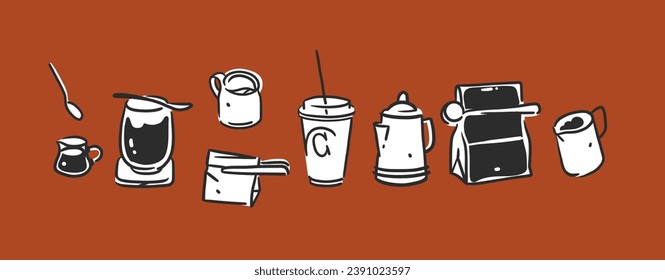 Hand drawn vector abstract graphic doodle simple minimalistic line illustrations with coffee brewing equipment ,preparing coffee drinks. Coffee vector drawing icon isolated.Coffee shop design concept.