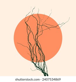 Hand drawn vector abstract graphic illustration with tree branch silhouette isolated on pastel orange background