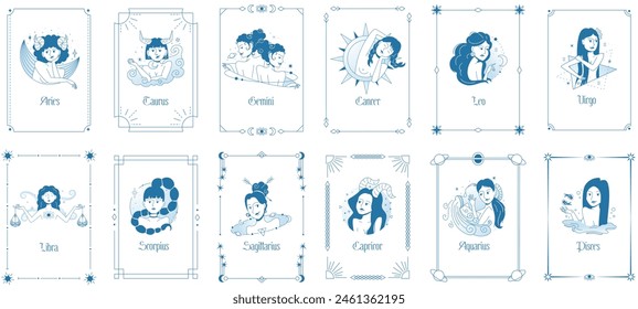 Hand drawn vector abstract graphic modern female characters of zadiac signs. Tarot cards template, Feminine astrology, Chinese horoscope concept