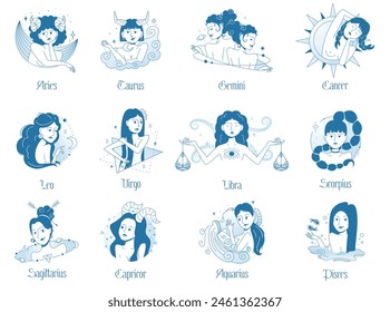 Hand drawn vector abstract graphic modern female characters of zadiac signs. Feminine astrology, Chinese horoscope concept