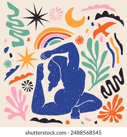 Hand drawn vector abstract graphic illustration in Matisse Style with meditating woman in yoga position, coral, rainbow, starfish and other elements isolated over beige background