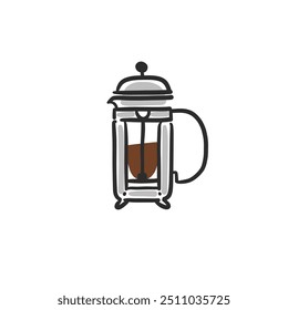 Hand drawn vector abstract graphic doodle minimalistic line illustrations collection with brewing coffee,preparing coffee drink. Coffee vector drawing icon.Simple coffee french press design concept.