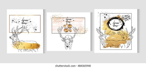 Hand drawn vector abstract graphic gold cards template set with deers isolated on white background in gold,black and white colors.Merry Christmas and Happy new Year greeting card collection.