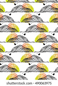 Hand drawn vector abstract graphic autumn leaves fall seamless pattern in green,pink,black and white colors.