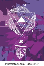 Hand drawn vector abstract graphic line card template of triangle composition,tropical palm leaves,crosses and polka dot textures in purple and violet colors.Unusual hipster print.