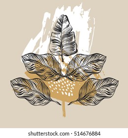 Hand drawn vector abstract graphic tropical xmas mirror print with palm leaves.