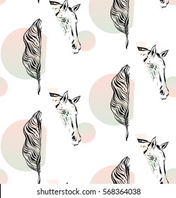 Hand drawn vector abstract graphic seamless pattern with horse head and tropical exotic palm leaf isolated on white background.Unique decoration fabric,wrapping paper,fashion pattern.