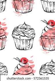 Hand drawn vector abstract graphic delicious seamless pattern with cupcakes in pink colors isolated on white background.Design for fabric,fashion,wrapping,journaling,decoration,wedding,valentines day