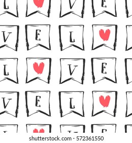 Hand drawn vector abstract graphic seamless pattern with love letter in flags in red,black and white colors.Trendy hipster decoration for St.Valentines day,wedding,greeting,fashion fabric,wrapping