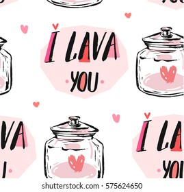 Hand drawn vector abstract graphic creative Valentines day seamless pattern with heart in glass jar and modern ink calligraphy phase I LAVA you in pastel colors isolated on white.Unique chic pattern