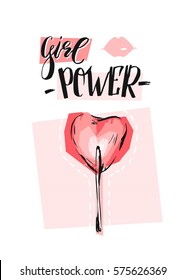 Hand drawn vector abstract graphic creative feminism card with heart shape lollipop and handwritten ink modern calligraphy phase Girl power in pastel pink colors isolated on white background.