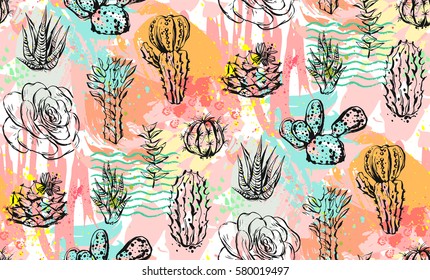 Hand drawn vector abstract graphic creative succulent,cactus and plants seamless pattern on colorful artistic brush painted background.Unique unusual hipster trendy design.Hand made graphic art