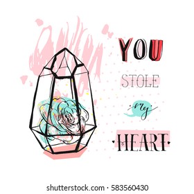 Hand drawn vector abstract graphic Love concept greeting card design with succulent plant in glass terrarium and modern calligraphy phase You stole my heart in pastel color isolated on white 