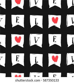 Hand drawn vector abstract graphic seamless pattern with love letter in flags in red,black and white colors.Trendy hipster decoration for St.Valentines day,wedding,greeting,fashion fabric,wrapping