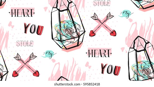 Hand drawn vector abstract graphic Love concept seamless pattern design with succulent plant in terrarium and modern calligraphy phase You stole my heart in pastel color isolated on white background