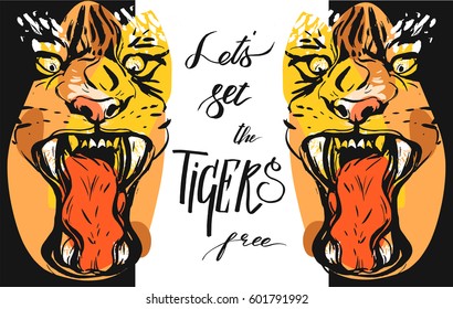 Hand drawn vector abstract graphic drawing of anger tigers faces in orange colors isolated on white background with handwritten calligraphy quote Lets set the tigers free.Animal rights concept.