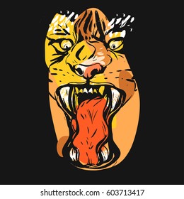 Hand drawn vector abstract graphic anger tiger face in orange colors isolated on black background.Exotic collage illustration.Tigers head isolated.Logo,sign
