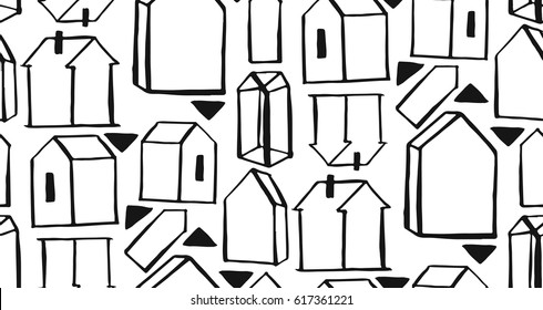 Hand drawn vector abstract graphic seamless triangle and houses scandinavian pattern. Textile background. Wrapping texture.