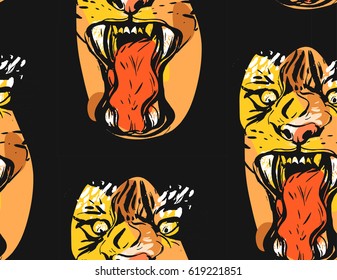 Hand drawn vector abstract graphic drawing seamless pattern of angery tiger face in orange colors isolated on black background.Hand made exotic collage illustration.Wild soul concept.