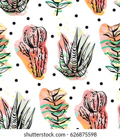 Hand drawn vector abstract graphic creative succulent,cactus and plants seamless pattern on polka dots background.Unique unusual hipster trendy design.Wedding,save the date,birthday,fashion fabric
