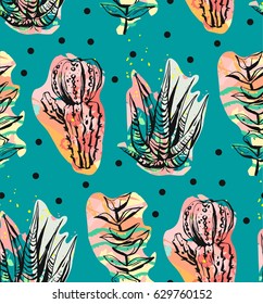 Hand drawn vector abstract graphic creative succulent,cactus and plants seamless pattern on polka dots background.Unique unusual hipster trendy design.Wedding,save the date,birthday,fashion fabric
