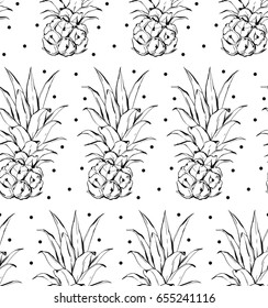 Hand drawn vector abstract graphic simple small pineapple pattern with polka dots texture isolated on white background.