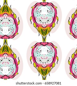 Hand drawn vector abstract graphic bright unusual seamless pattern design with exotic tropical dragon fruit or pitaya isolated on white background