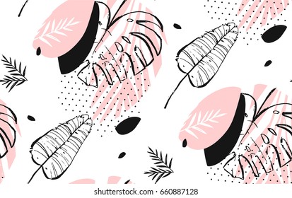Hand drawn vector of an abstract graphic artistic freehand textured tropical palm leaves seamless pattern in pink pastel colors with polka dots texture.