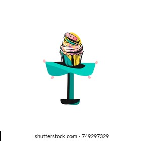 Hand drawn vector abstract graphic icon design element with ink brush painted illustration of holiday cupcake stand design isolated on white background.