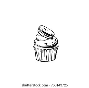 Hand drawn vector abstract graphic icon design element with ink brush painted illustration of holiday cupcake isolated on white background.