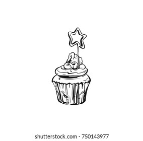 Hand drawn vector abstract graphic icon design element with ink brush painted illustration of holiday cupcake isolated on white background.