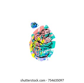 Hand drawn vector abstract graphic creative modern Cake Bakery design card template with freehand colored drawing cupcake icon and berries isolated on white background.