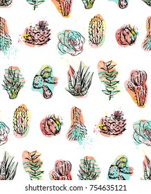 Hand drawn vector abstract graphic creative succulent,cactus and plants seamless pattern isolated on white background.Unique unusual hipster trendy design.Hand made graphic art