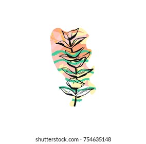 Hand drawn vector abstract graphic drawing eucalyptus branch with freehand texture isolated on white background.Unique unusual hipster trendy design elements.Hand made graphic art.