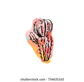 Hand drawn vector abstract graphic drawing cactus plant with freehand texture isolated on white background.Unique unusual hipster trendy design elements.Hand made graphic art.
