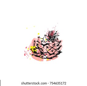 Hand drawn vector abstract graphic drawing cactus plant and flower with freehand texture isolated on white background.Unique unusual hipster trendy design elements.Hand made graphic art.