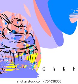 Hand drawn vector abstract graphic creative modern Cake Bakery design card template with drawing cupcake,berries and typography text isolated on white background.