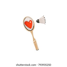 Hand drawn vector abstract graphic doodle cartoon simple illustration icon with cute funny badminton equipment and big red heart isolated on white background.Happy Valentines day concep.