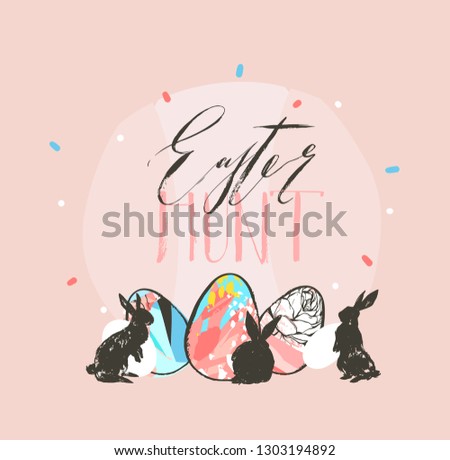 Hand drawn vector abstract graphic rustic textured collage Happy Easter cute greeting card template and bunny sketch,Easter eggs illustration and Easter Hunt calligraphy isolated on pastel background