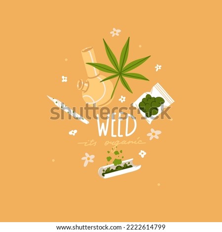 Hand drawn vector abstract graphic clip art illustration of Medical Marijuana, smoking accessories.Smoking weed cartoon.Cannabis and weed legalization concept design art.Trendy vector illustration.