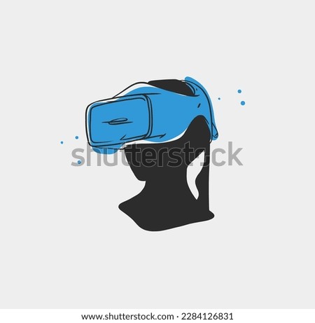 Hand drawn vector abstract graphic line art collection with virtual reality technology headset devise and human silhouette. Human in virtual reality headset outline design. Concept of virtual reality.