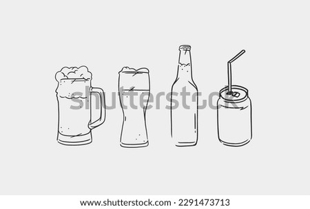 Hand drawn vector abstract graphic line illustration with glass beer mugs and bottle set collection .Vector outline beer illustration sketch drawing. Vector beer glass isolated element design concept.