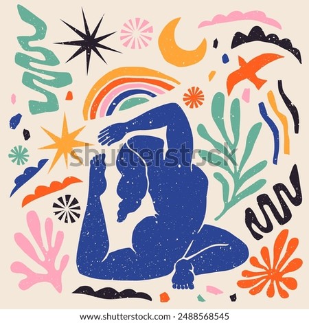 Hand drawn vector abstract graphic illustration in Matisse Style with meditating woman in yoga position, coral, rainbow, starfish and other elements isolated over beige background