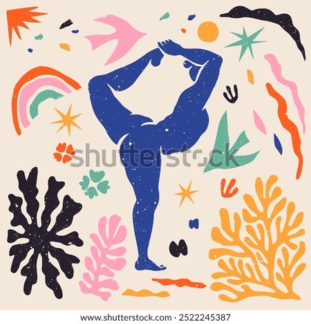 Hand drawn vector abstract graphic illustration with meditating woman in yoga position, coral, rainbow, starfish and other elements isolated over beige background