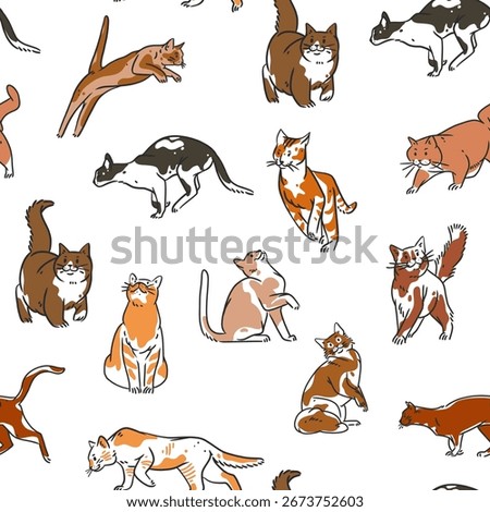 Hand drawn vector abstract graphic line art seamless pattern with adorable cute funny cat character.Vector illustration of funny cartoon outline cat in trendy line style. Drawing line art cat pattern.