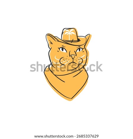 Hand drawn vector abstract graphic line collection with doodle cute funny cartoon cowboy cats characters in hat.Vector illustration of funny cartoon adorable cat in trendy style. Line icon pet print.