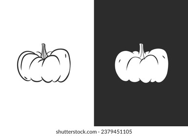 Hand drawn vector abstract graphic,black and white silhouette autumn vegetable,harvest thanksgiving and Halloween pumpkin set.Halloween outline autumn vegetable harvest design concept.Autumn symbol.