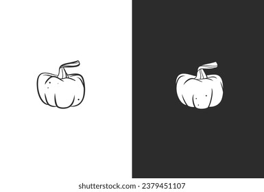 Hand drawn vector abstract graphic,black and white silhouette autumn vegetable,harvest thanksgiving and Halloween pumpkin set.Halloween outline autumn vegetable harvest design concept.Autumn symbol.