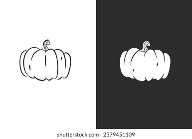 Gráfica abstracta de vectores dibujada a mano, silueta blanca y negra de otoño, conjunto de calabazas de tanque de cosecha y calabaza de Halloween.Concepto de diseño de cosecha vegetal de otoño de esquema de Halloween.Símbolo de otoño.